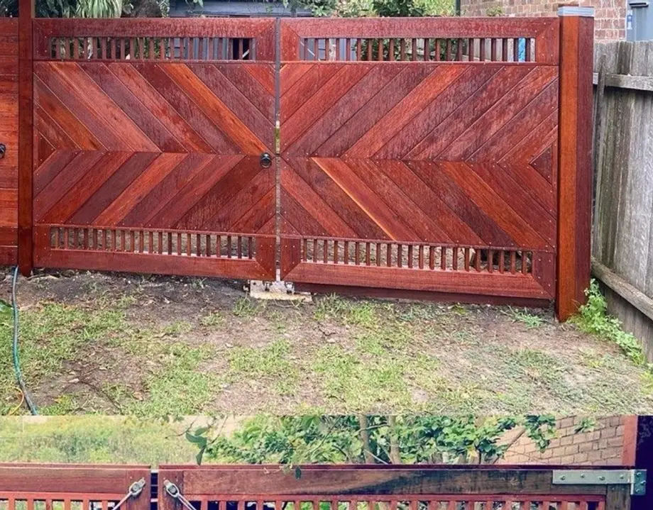 Pair of stained timber driveway gates with herringbone infill, built by Trusted