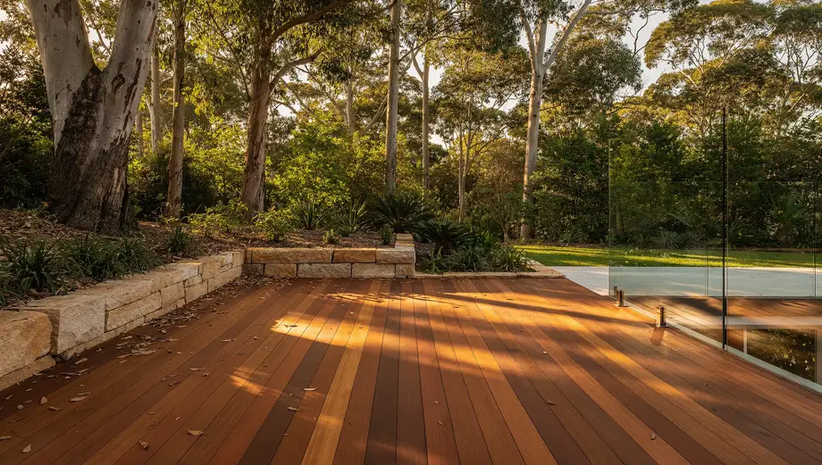 Timber deck with built-in bench seating beside a landscaped garden